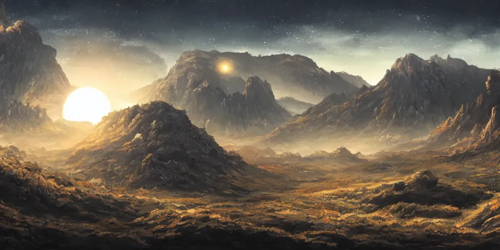 Image similar to grand landscape of rocky sci - fi hills during the dark night, art by kotaro chiba