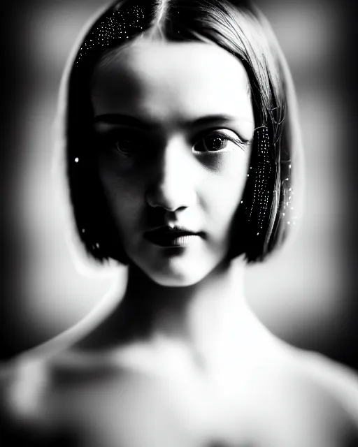 Image similar to tintype black and white dreamy young beautiful female artificial intelligence, metropolis, cinematic, rim light, bokeh, photo - realistic, elegant, high detail, 8 k, masterpiece, photo taken in 1 9 3 0