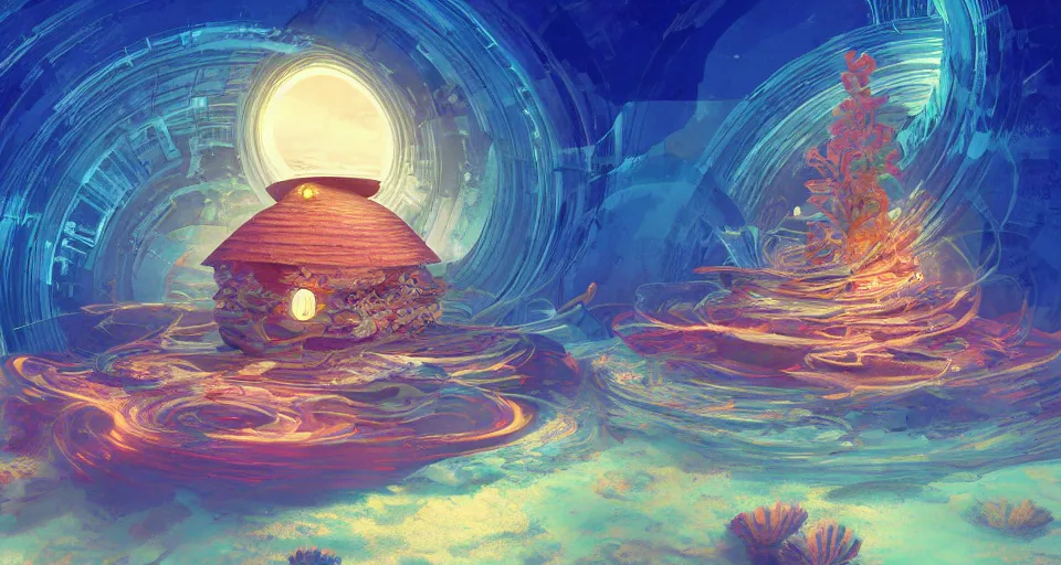 Image similar to digital painting of a tiny sacred spiral, procedural seashell house surrounded by dreamy coral, syd mead, cell shaded graphics, concept art, minimalist, golden ratio