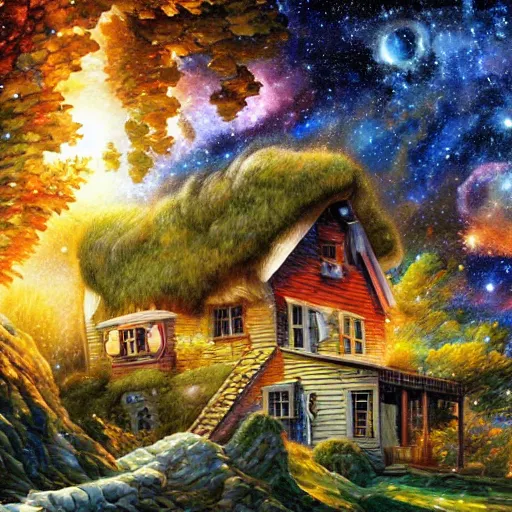 Image similar to cottage in the stars, cliffs of galaxies cryengine render by android jones, james christensen, rob gonsalves, leonid afremov and tim white