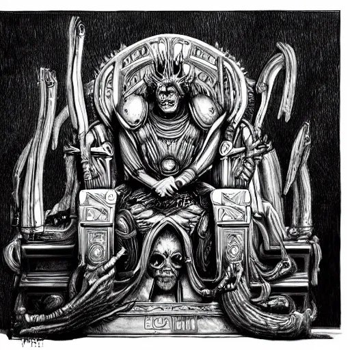 Prompt: pencil illustration. the god emperor on his golden throne. 4 0 k. body horror. in the style of giger.