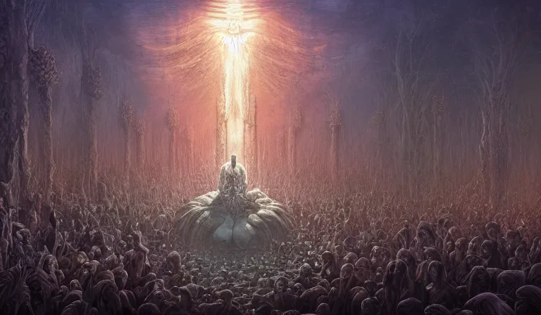 Prompt: hyper-detailed photo of a sacred undead ceremony, 8k, ultra detail, hyperrealism, science-fantasy, concept art, cinematic accent lighting, photographic, Zdzislaw Beksinski, Alexander Fedosov, Dan Mumford, soft light, divine proportion, hyper-detailed