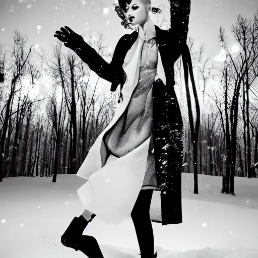 Image similar to medium format photograph of a surreal fashion shoot in the snow at night with camera flash