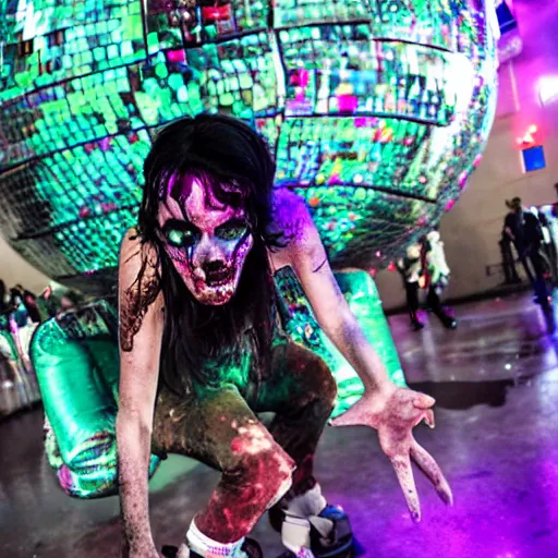 Prompt: rollerskater disco zombie in fron of a giant disco ball in san francisco