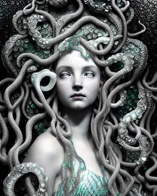 Image similar to surreal mythical dreamy underwater artistic bw photo of a beautiful young female angelic - medusa - cyborg covered with fish scales and algae, highly detailed, intricate crystal ivy jelly fish scales ornate, poetic, octane render, 8 k, photo - realistic, in the style of gustave dore and preraphaelites