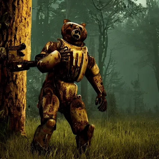 Image similar to A zombie bear attacks a man in power armor with a minigun in his hands against the background of a radioactive forest, graphics, fallout 4 render, 3d computer render, maximum details, rain, night, spotlight,