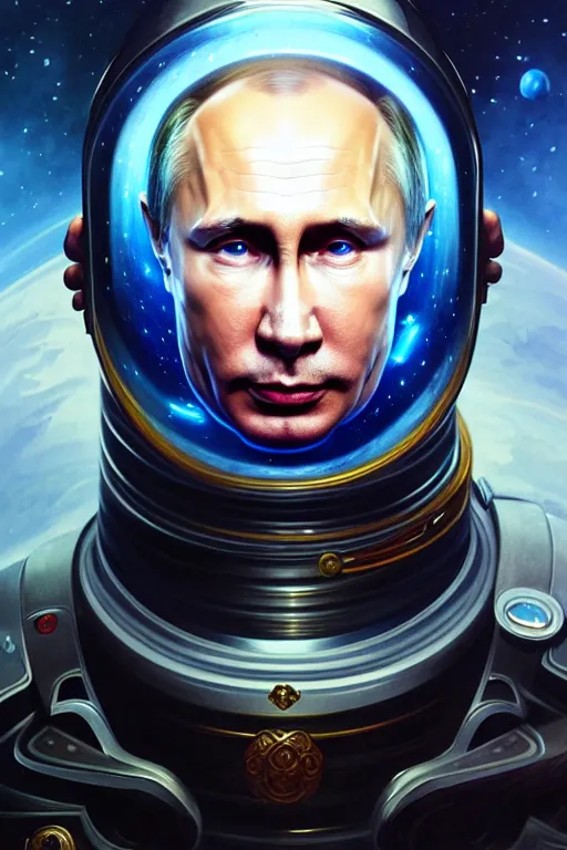 Image similar to Portrait of Putin in space, D&D, blue eyes, face, fantasy, intricate, elegant, highly detailed, digital painting, artstation, concept art, smooth, sharp focus, illustration, art by artgerm and greg rutkowski and alphonse mucha