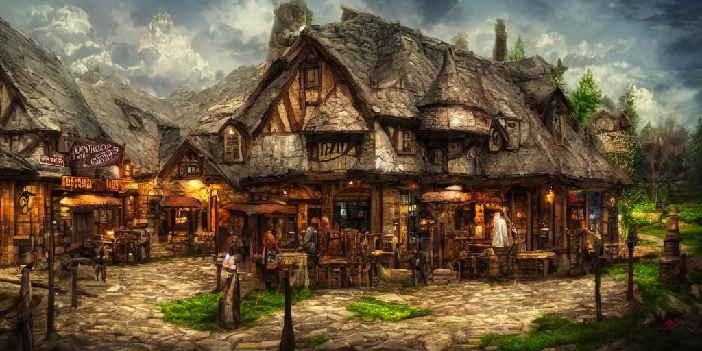 Prompt: walking taverns with clawed feet, exterior landscape shot, tilt-shifted, high quality art, 4k