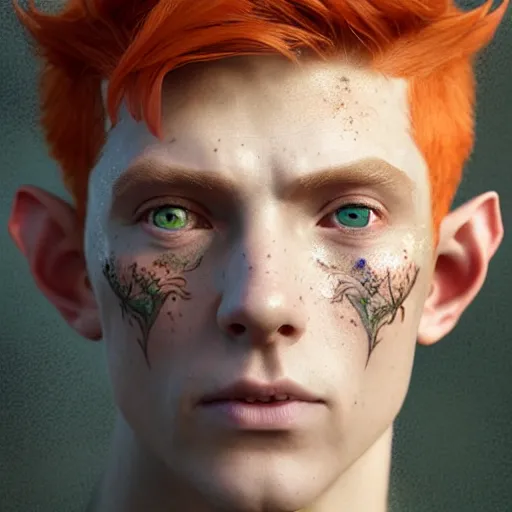 Image similar to portrait painting of an elven eladrin young man with short light orange hair and freckles and tree tattoos on his cheekbones, ultra realistic, concept art, intricate details, eerie, highly detailed, photorealistic, octane render, 8 k, unreal engine. art by artgerm and greg rutkowski and charlie bowater and magali villeneuve and alphonse mucha