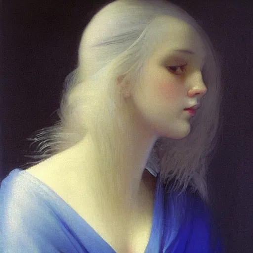 Image similar to a young woman's face, her hair is white and she wears a cobalt blue satin cloak, by ivan aivazovsky and syd mead and moebius and gaston bussiere and roger dean and pieter claesz and paul delaroche and alma tadema and willem claesz and gerard ter borch, hyperrealistic, volumetric light