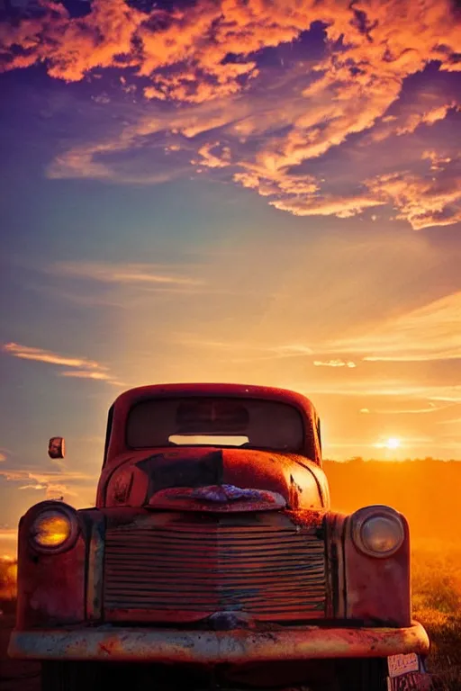 Image similar to a sunset light landscape with historical route 6 6, lots of sparkling details and sun ray ’ s, blinding backlight, smoke, volumetric lighting, colorful, octane, 3 5 mm, abandoned gas station, old rusty pickup - truck, beautiful epic colored reflections, very colorful heavenly, softlight