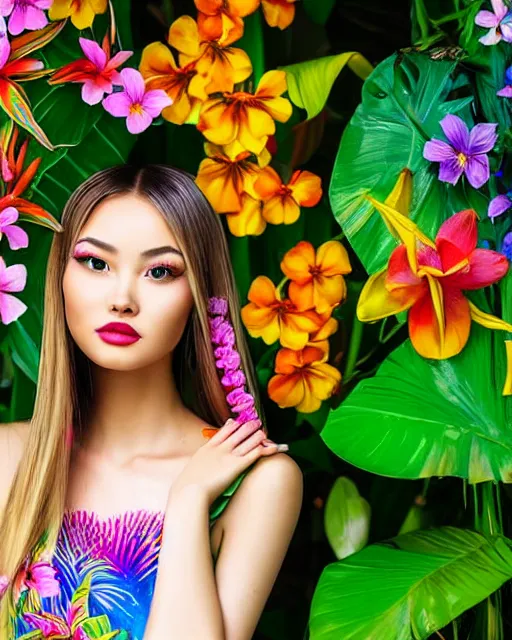 Image similar to an stunning beautiful eastern girl is surrounded by colourful tropical flowers and plants, symmetric face and eyes, upper body face shot, long straight blonde hair, visible face 5 0 mm f 2. 2 by wu daozi