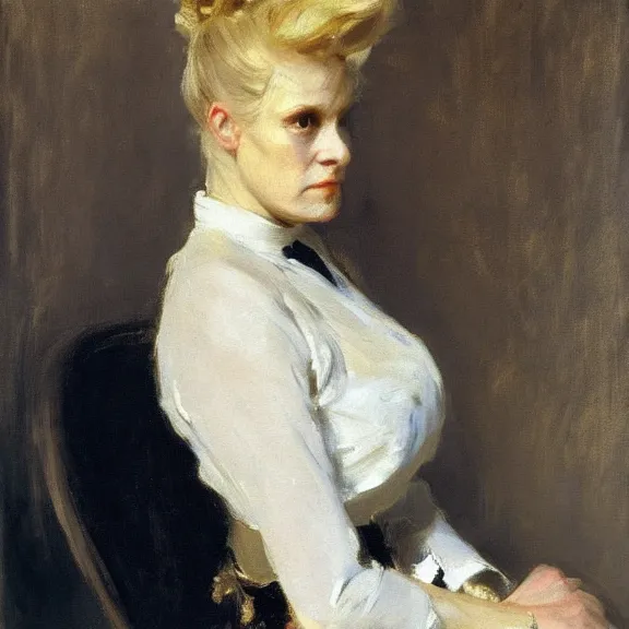 Image similar to portrait of a middle aged maid with blonde hair, by sargent, 1880