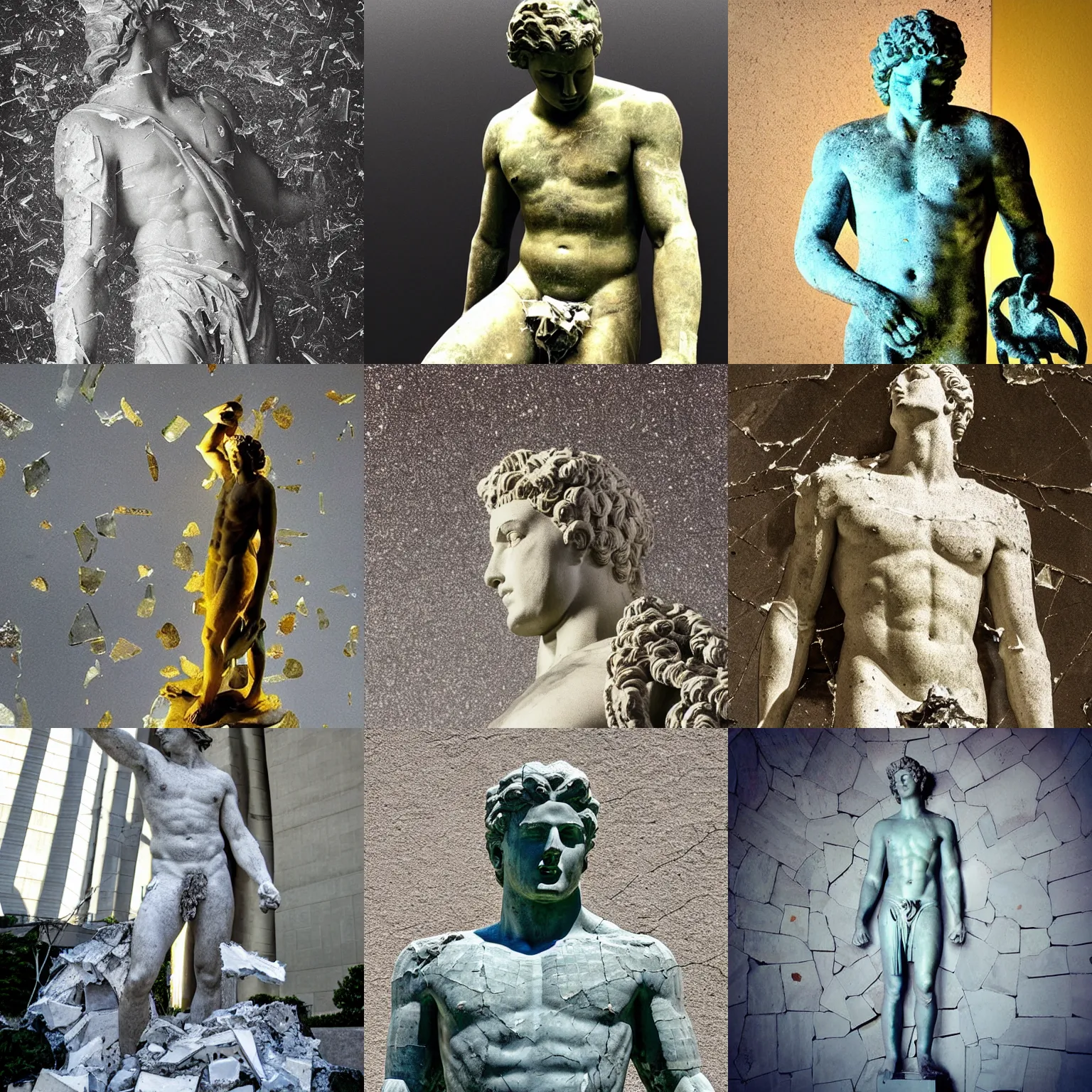 Prompt: “Apollo statue made of huge pieces of shattered glass, detailed but rough, 4k photo, great light and shadows”