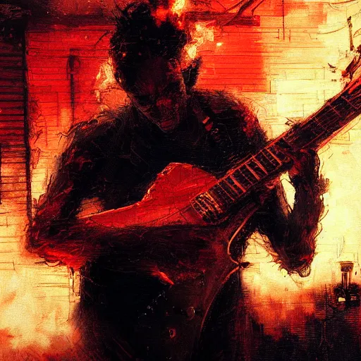 Image similar to a cyborg playing guitar, flames shooting from guitar, ruined street, blood moon, by Jeremy Mann, stylized, detailed, realistic, loose brush strokes