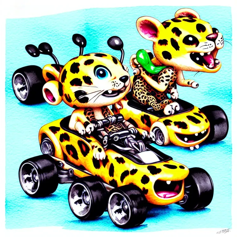 Image similar to cute and funny, baby leopard riding in a tiny go kart with oversized engine, ratfink style by ed roth, centered award winning watercolor pen illustration, isometric illustration by chihiro iwasaki, edited by range murata, tiny details by artgerm and watercolor girl, symmetrically isometrically centered