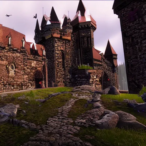 Prompt: beautiful gothic castle landscape in the style of Goat simulator, Gameplay Footage