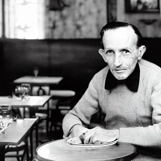 Prompt: photo of a frenchman from france seated in a restaurant ( ( ( in the year 1 9 5 0 ) ) ). 5 0 mm, studio lighting