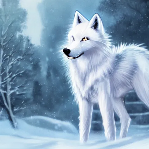 Image similar to anthro furry female white wolf with fluffy tail wearing a light jacket playing in the snow, trending on furaffinity