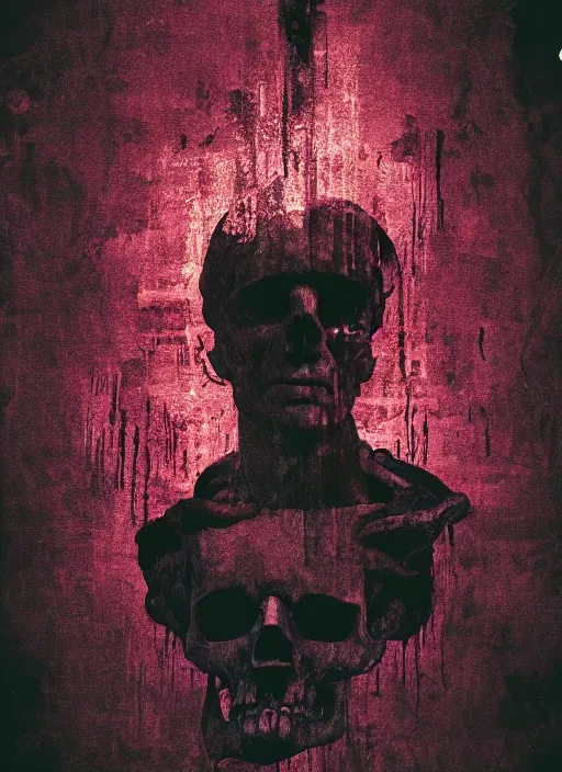 Image similar to dark design poster showing a statue of julius caesar with a skull, black background with very subtle red and purple design elements, powerful, nekro, vito acconci, thin straight lines, dark, glitch art, neo vaporwave, gritty, layout frame, square, trending on artstation