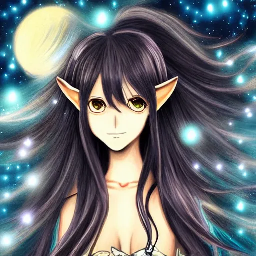 Image similar to digital painting of a long hair anime lady ELF dancing in the moonlight l Trending on Pixiv