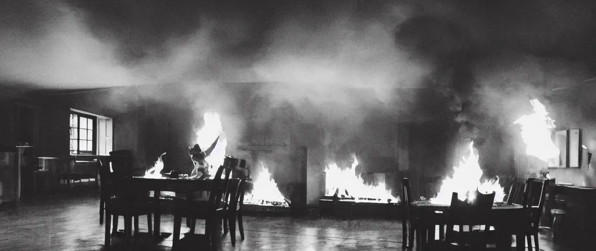 Image similar to a studio photograph (flash on) of a big fire on a dining room on fire, an human-like relaxed dog sitting on a wooden chair at a table (no fire at all there), lights on, ☕ on the table, surrounded by flames, a lot of flames behind the dog, black smoke instead of the ceiling, no watermark