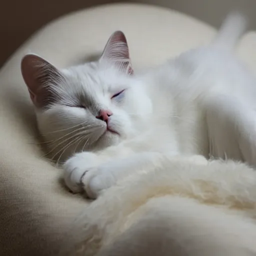 Prompt: white cat sleeping, fluffy, high detail, full body