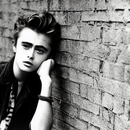 Image similar to James Dean as a girl, leaning against a wall in the 1950s