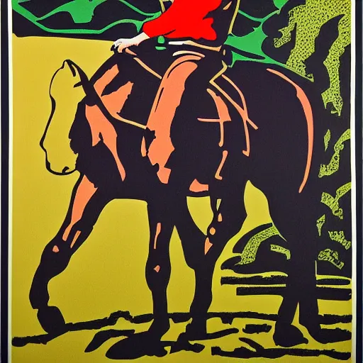 Image similar to cowboy sitting on a horse. serigraph