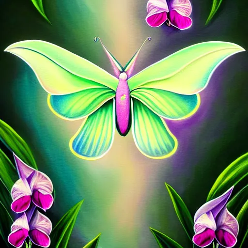 Prompt: painting of a luna moth surrounded by orchids, moonlight, highly detailed, photorealistic, lifelike, illustration, soft, sharp focus, dramatic lighting, intricate, digital art, cgsociety, trending on artstation by arian louv