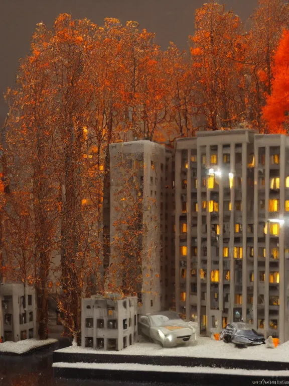 Prompt: detailed miniature diorama a soviet residential building, brutalism architecture, lights are on in the windows, car parking nearby, mike tyson passing by, dark night, cozy and peaceful atmosphere, fog, cold winter, snowing, streetlamps with orange light, several birches nearby