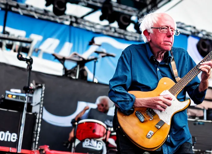 Prompt: photo still of bernie sanders at vans warped tour!!!!!!!! at age 8 0 years old 8 0 years of age!!!!!!! on stage shredding guitar, 8 k, 8 5 mm f 1. 8, studio lighting, rim light, right side key light