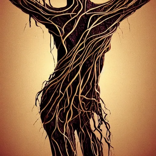 Image similar to digital art, Abstract art, humain female body made of roots, intricate roots, trending on artstation, -640