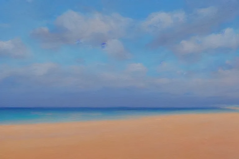 Image similar to painting of a beach, beautiful, with calm waves and sand, oil on canvas