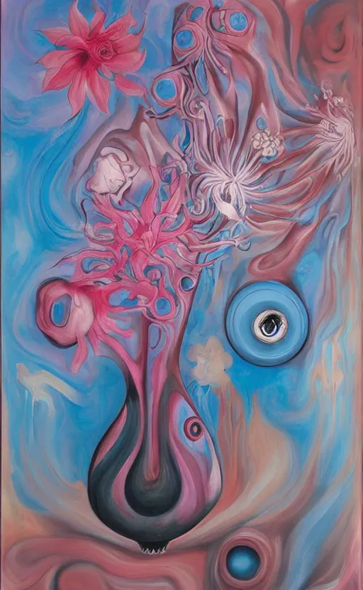 Image similar to a biomorphic painting of a vase with flowers and eyeballs in it, a surrealist painting by Bridget Bate Tichenor, by Georgia O'Keeffe, by Amanda Sage, pastel blues and pinks, featured on artstation, metaphysical painting, oil on canvas, fluid acrylic pour art, airbrush art, marbled