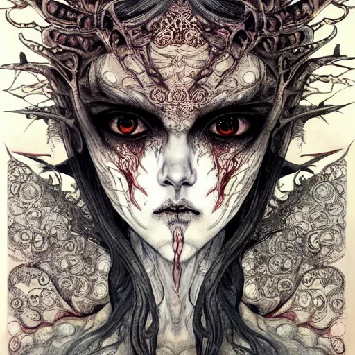 Image similar to prompt: Demon girl face painted in William Blake style drawn by Vania Zouravliov and Takato Yamamoto, intricate oil painting, high detail, Neo-expressionism, post-modern gouache marks on the side, gnarly details soft light, white background, intricate detail, intricate ink painting detail, sharp high detail, manga and anime 2000