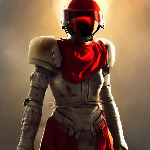 Image similar to a young female soldier wearing blood - spattered glossy sleek white dinged scuffed armor and a long torn red cape, heroic posture, determined expression, elegant, battle weary, no helmet, on the surface of mars, dramatic lighting, cinematic, sci - fi, hyperrealistic, detailed