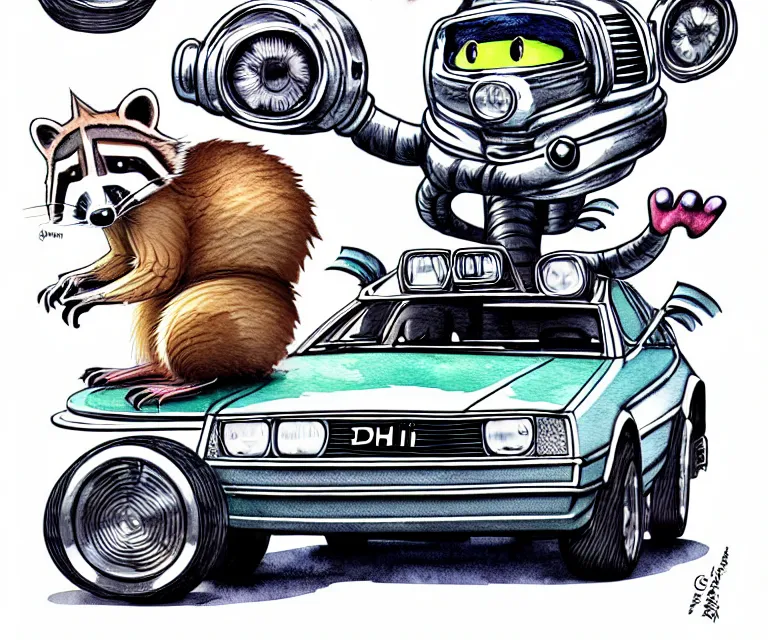 Image similar to cute and funny, racoon wearing a helmet riding in a tiny silver color hot rod dmc delorean with oversized engine, ratfink style by ed roth, centered award winning watercolor pen illustration, isometric illustration by chihiro iwasaki, edited by range murata, details by artgerm, full picture