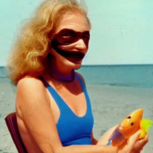 Image similar to 1976 woman wearing a happyprosthetic mask with long snout nose and nostril, soft color wearing a swimsuit at the beach 1976 holding a an inflatable fish color film 16mm Fellini John Waters Russ Meyer Doris Wishman old photo