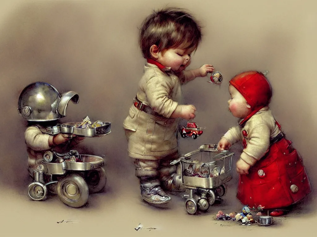 Image similar to toddler ( ( ( ( ( 2 0 2 2 retro future living room. muted colors. toys laying around ) ) ) ) ) by jean baptiste monge, chrome red, chrome silver