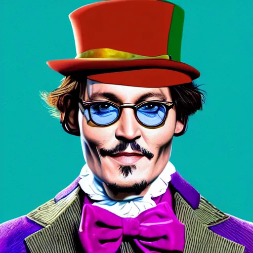 Image similar to portrait of johnny depp without mustache and beard as willy wonka, highly detailed, centered, solid color background, digital painting