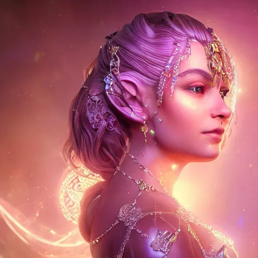 Image similar to portrait of princess of amethyst, glowing, ornate and intricate jewelry, jaw dropping beauty, glowing background lighting, white accent lighting, hyper detailed, fairy tale, 4 k octane render