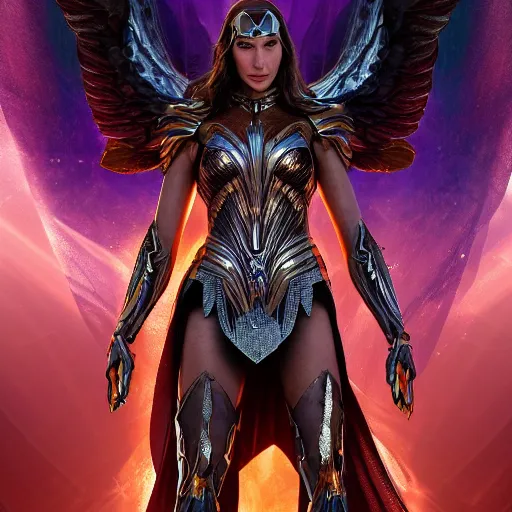 Image similar to full body center frame digital art. hero pose of gal gadot as a dark seraphim angelic warrior wearing a futuristic, intricate, body sculpted cosmic armor and flowey ornate robes highly detailed 8 k hdr award - winning trending on artstation ann _ sto.