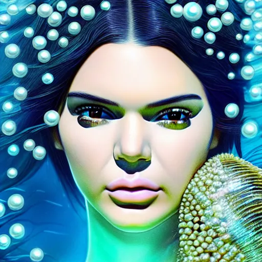 Image similar to kendall jenner portrait, fantasy, mermaid, hyperrealistic, game character, underwater, highly detailed, sharp focus, cinematic lighting, pearls, glowing hair, shells, gills, crown, water, highlights, starfish, jewelry, realistic, digital art, pastel, magic, fiction, ocean, king, colorful hair, sparkly eyes, fish, heroic, goddess, waves, bubbles, queen