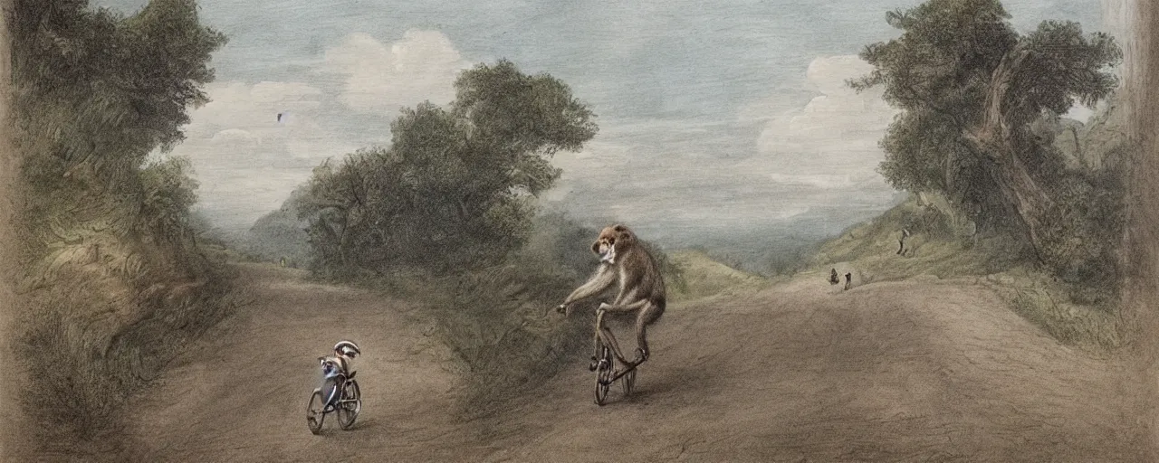 Image similar to monkey riding a bicycle down a winding road, drawn by Nicholas John Frith