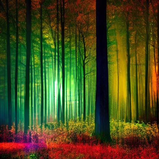 Prompt: a dark forest with shafts of colorful light