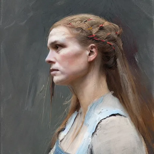 Prompt: Richard Schmid and Jeremy Lipking full length head and body portrait painting of A shield-maiden (Old Norse: skjoldmø [ˈskjɑldˌmɛːz̠]) was a female warrior from Scandinavian folklore and mythology. Shield-maidens are often mentioned in sagas such as Hervarar saga ok Heiðreks and in Gesta Danorum. They also appear in stories of other Germanic peoples: Goths, Cimbri, and Marcomanni.[1] The mythical Valkyries may have been based on such shield-maidens. She carries a shield on one arm, and a spear in her other hand