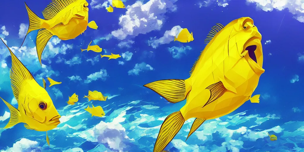 Prompt: giant yellow angelfish swimming through a sea made of big puffy clouds, large polygonal background elements, large polygons, dramatic anime, dramatic lighting, artgerm, manga, trending on artstation, art nouveau, mature colors