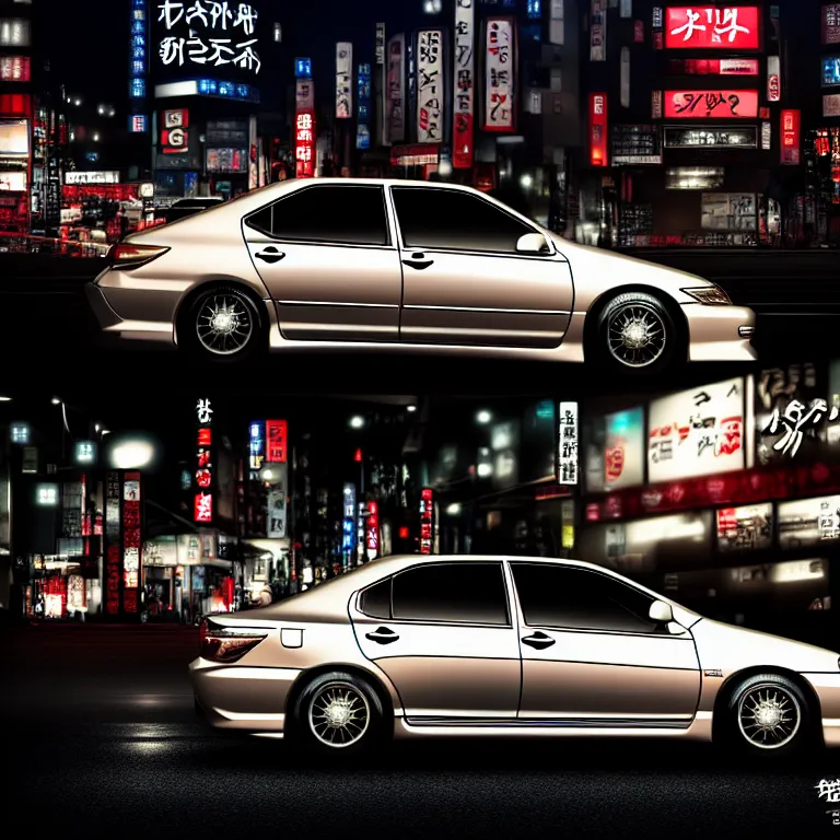 Image similar to Toyota Aristo, detailed-wheels, Shibuya prefecture, cinematic lighting, photorealistic, highly detailed, night photography