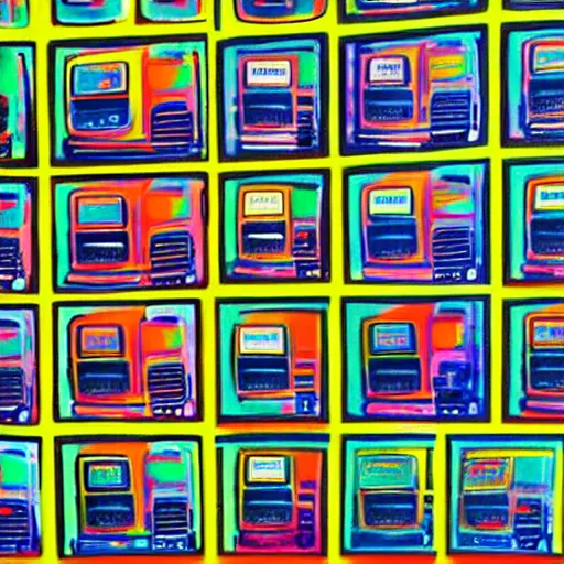 Image similar to array of crt televisions, tv static, blob, technology, antenna, stacked, junkyard, polaroid, steroids, adult video store, impressionist painting, painting, acrylic painting, cell shaded, by andy warhol